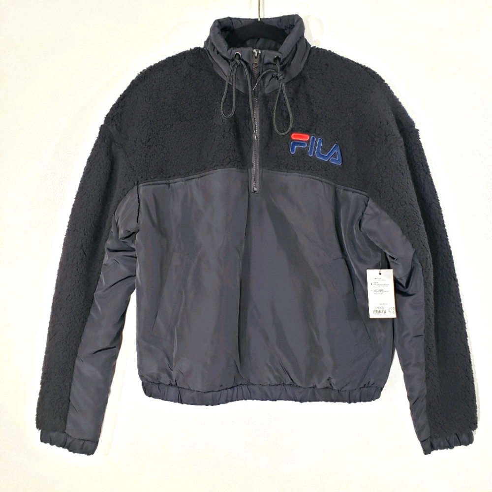 FILA black Sherpa fleece 1/4 zip warm pullover windbreaker logo jacket NEW